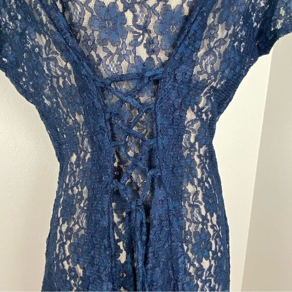 Vintage Blue Lace Midi Dress M-L Romantic Grunge Feminine Cottagecore Whimsigoth - Picture 9 of 13